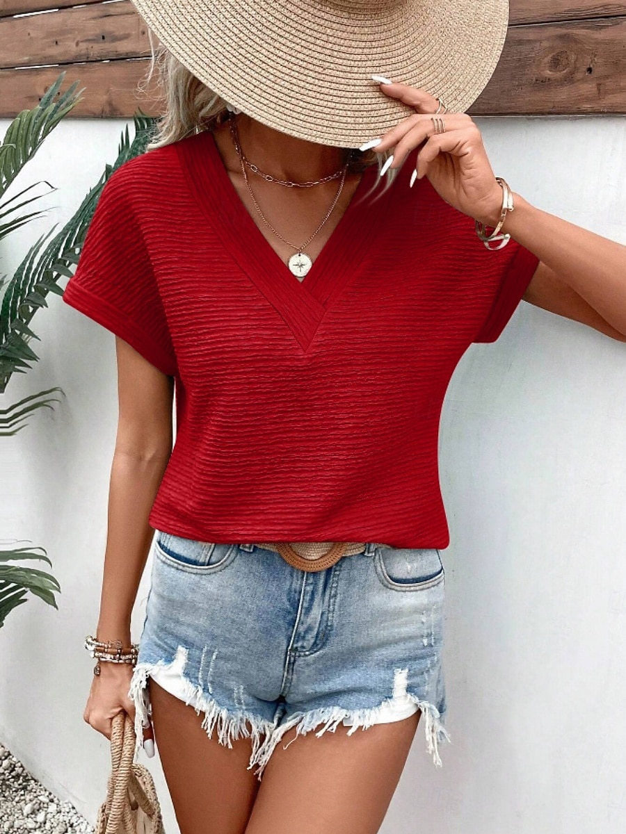 Mulheres Camiseta T-shirt Côr Sólida Moda à moda Clássico Manga Curta Decote V Tops regulares Diário Para Noite Final de semana Rosa Verde Tropa Vermelho Marron Verde Verão Primavera de 2026 por $21.99 –P7