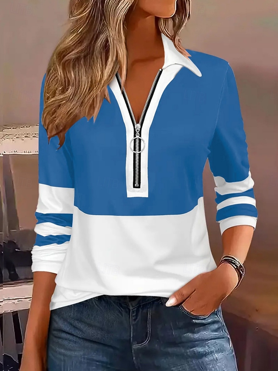 Women's Blouse Zipper Striped Stylish Casual Long Sleeve Turndown Regular Tops Daily Blue Black Wine Brown Green Spring Fall 2026 - $22.99 –P11