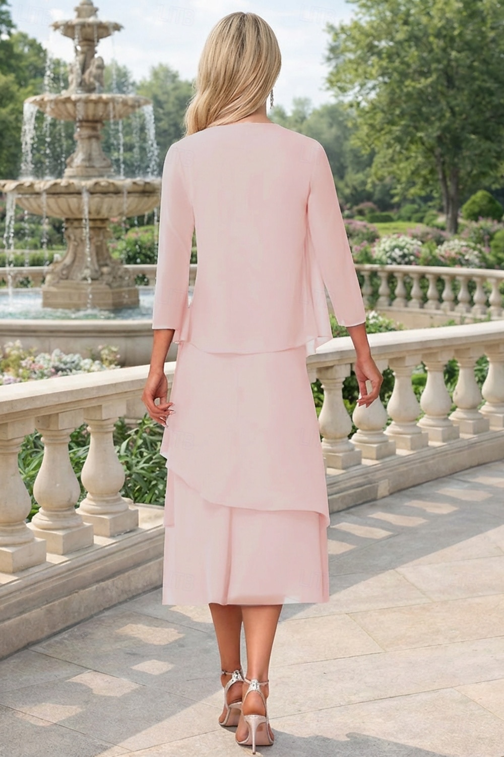 Tubino Colonna Lunghezza Tè Abito da invitata a nozze Abito da cerimonia per signora Manica 3/4 Collo gioiello Elegante Ospite di nozze Chiffon Con Stola con Arricciatura del 2026 a $160.99 –P14