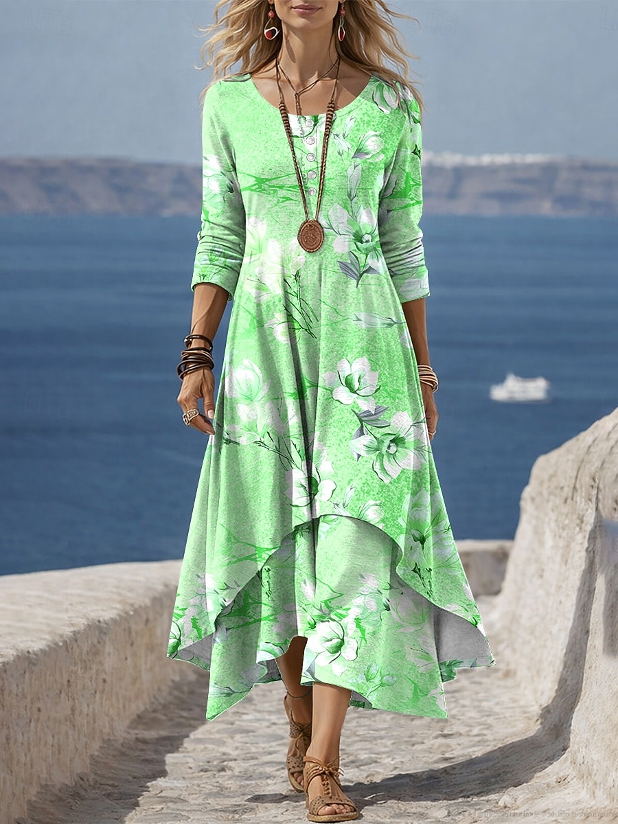 Dames Halflange jurk Hemdjurk Casual Dagelijks Feestdagen Normale pasvorm Bloemig Grafisch Lange mouw Strakke ronde hals blauw Blozend Roze Paars Groen Zomer Lente 2026 - $48.99 –P2