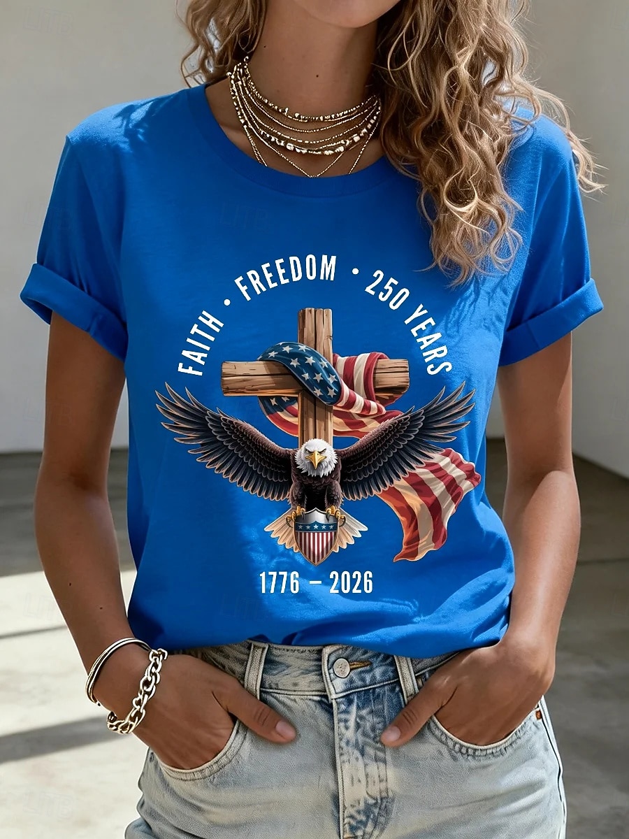 Uavhengighetsdagen Amerikansk Jubileum Patriotisk Dame T-skjorte Trykk Grafisk Flagget Bokstaver Stilig Klassisk Fritidskortermet Rundhals Vanlige Topper Daglig Blå Svart Hvit Rød Sommer Vår 2026 - $22.99 –P3