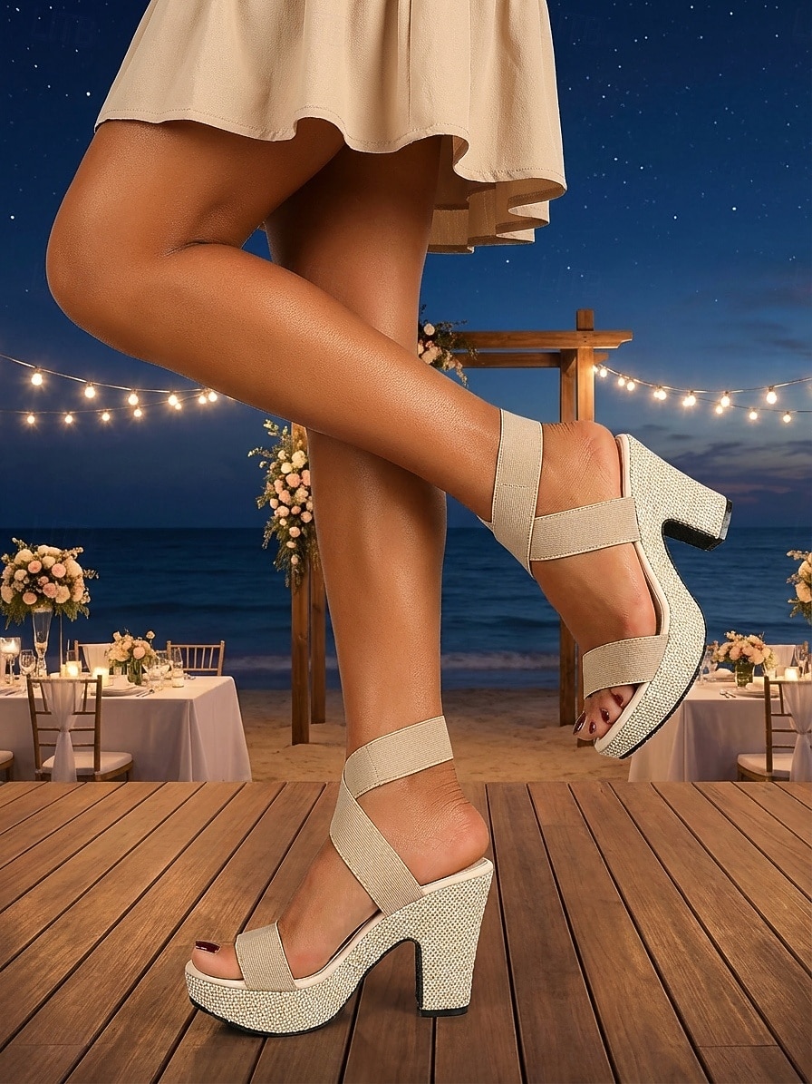 صنادل نسائية بيج اللون بكعب عريض ومنصة، أحذية رسمية مريحة بأشرطة متقاطعة مناسبة لحضور حفلات الزفاف على الشاطئ 2026 - $42.99 –P6