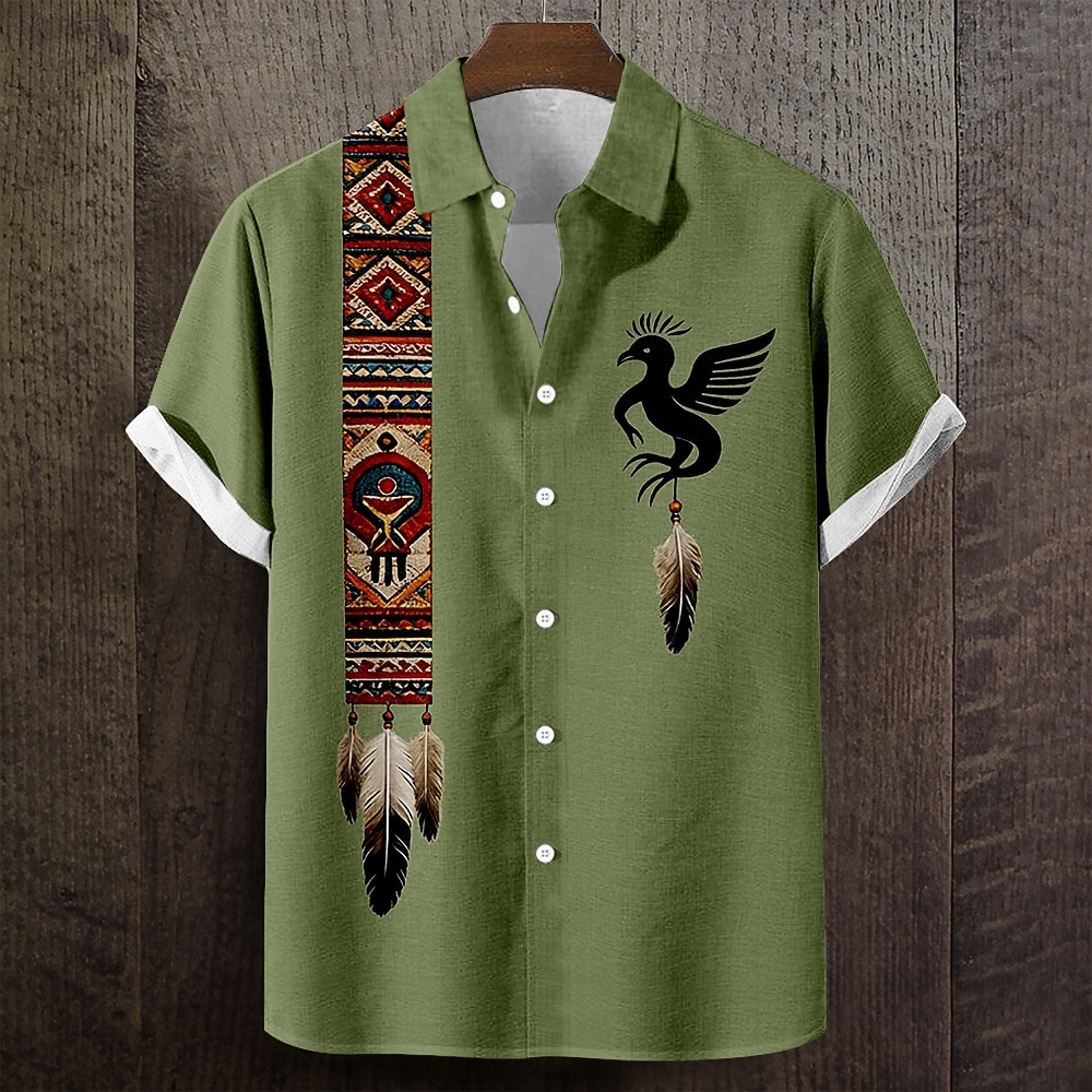 Men's Geometric Indian Culture Native American Feather Shirt Button Up Shirt Short Sleeve Vintage Retro Daily Outdoor Vacation Summer Spring Turndown 3D Print Linen Like Shirt Blue Green Khaki Gray 2026 - $25.99 –P4
