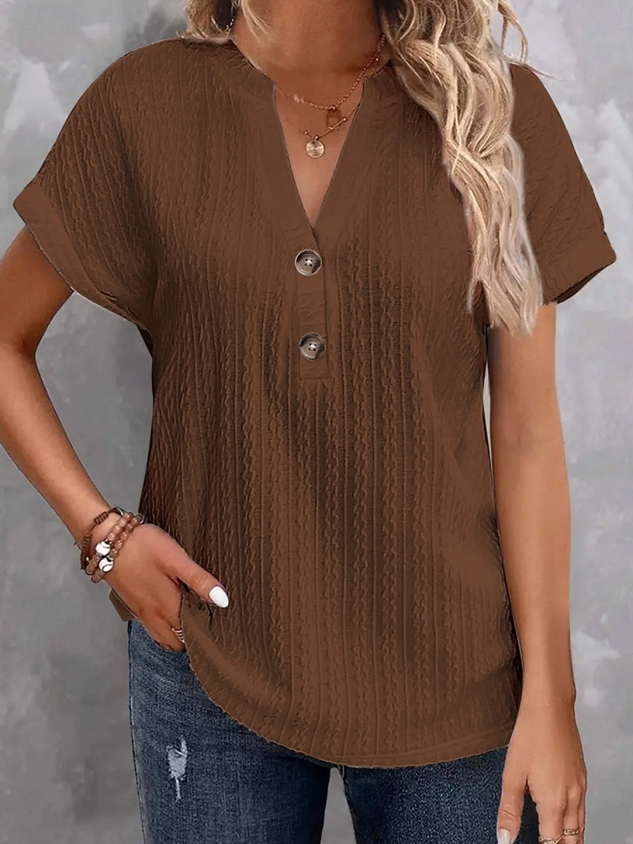 Per donna Maglietta Bottoni Semplice Moda Elegante Classico Manica Corta Scollo a V Top Regolari Quotidiano Uscire Weekend Bianco Vino Marrone Estate Primavera del 2026 a $21.99 –P10