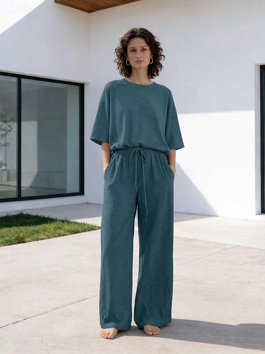 Completo pantaloni da donna in lino al 15%, completo in lino, tinta unita, tasca, elastico in vita, t-shirt, pantalone, casual, a maniche lunghe, girocollo, blu, nero, bianco, blu navy, marrone chiaro, estate, primavera del 2026 a $37.99 –P6