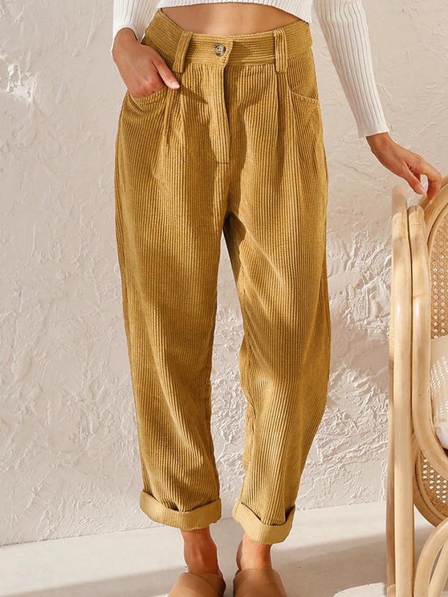 Dames Broek Corduroybroek Vrijetijdsbroek Recht Modieus Streetwear Basic Volledige lengte Hoge taille Effen Zak Comfortabel Inelastisch Dagelijks Vakantie Straat Zwart Wit Marineblauw Oranje Lente 2026 - $22.99 –P4