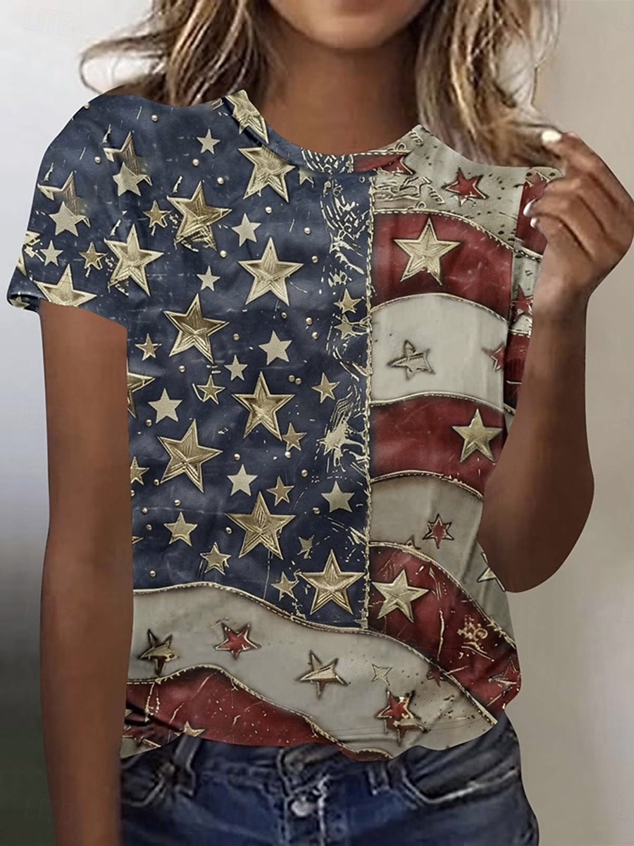Amerikansk uavhengighetsdag Dame T skjorte Trykt mønster Grafisk Flagg Amerikansk flagg Stilfull Klassisk Fritid Kortermet Crew-hals Rund hals Vanlige topper Daglig Hvit Rød Rød / Blå Sommer Vår 2026 - $22.99 –P1
