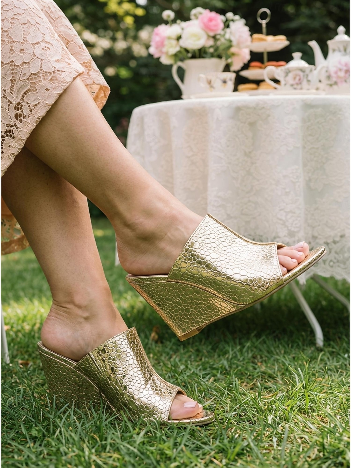 Mules femininas douradas com plataforma metálica, sapatos de salto sem fecho com textura de crocodilo, elegantes para convidadas de casamento em cerimônias na cidade. de 2026 por $42.99 –P3
