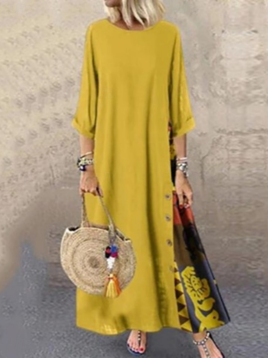 Robe maxi en lin pour femme faux coton robe décontractée coupe ample graphique floral manches 3/4 col rond noir jaune rouge violet été printemps de 2026 ? $22.99 –P5