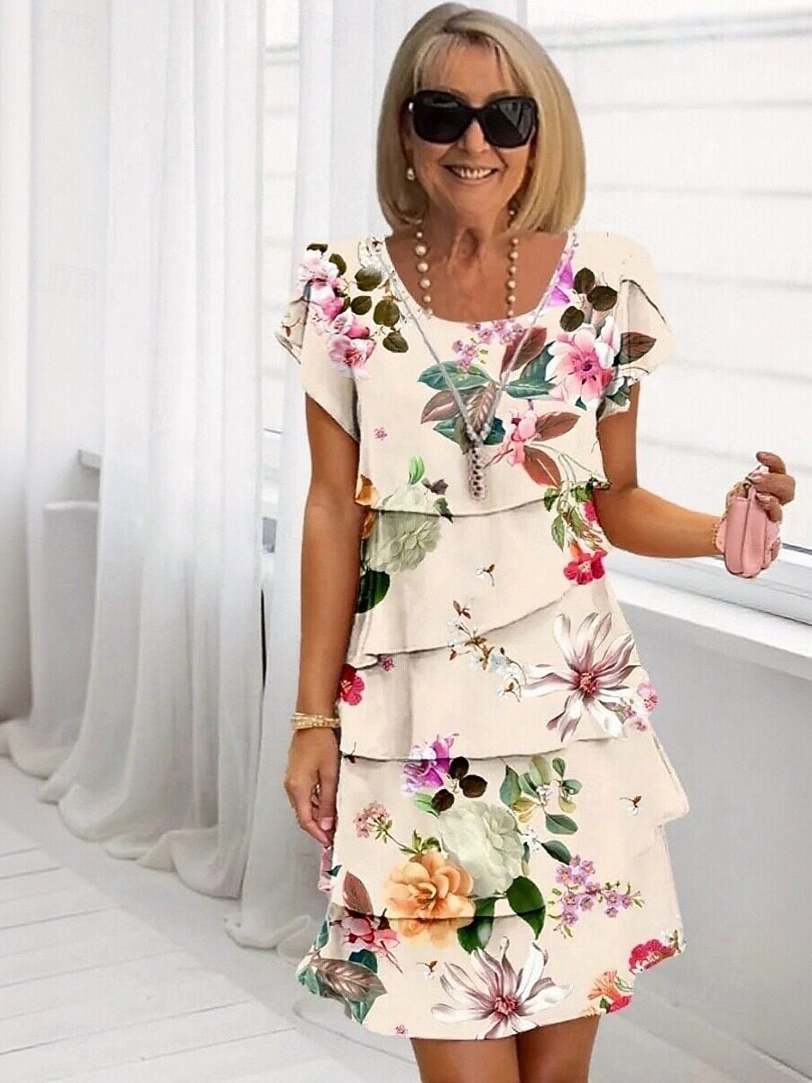 Dam Midiklänning Sommarklänning Klänning med tryck Elegant Dagligen Normal Blommig Geometrisk Kortärmad Rund hals Ljusgul Ljusrosa Ljusrosa Dammig ros Sommar 2026 - $26.99 –P1