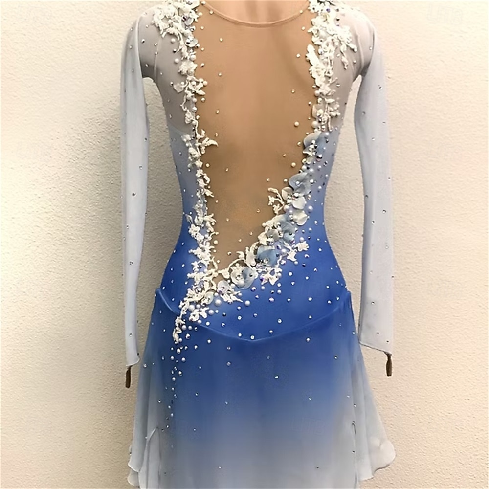 Robe de patinage artistique Femmes Patinage Robe Bleu + Blanc Patchwork Ourlet asymétrique Élastique Entraînement Compétition Tenue de Patinage Classique cristal pailleté manche longue Patinage sur de 2026 ? $306.69 –P5
