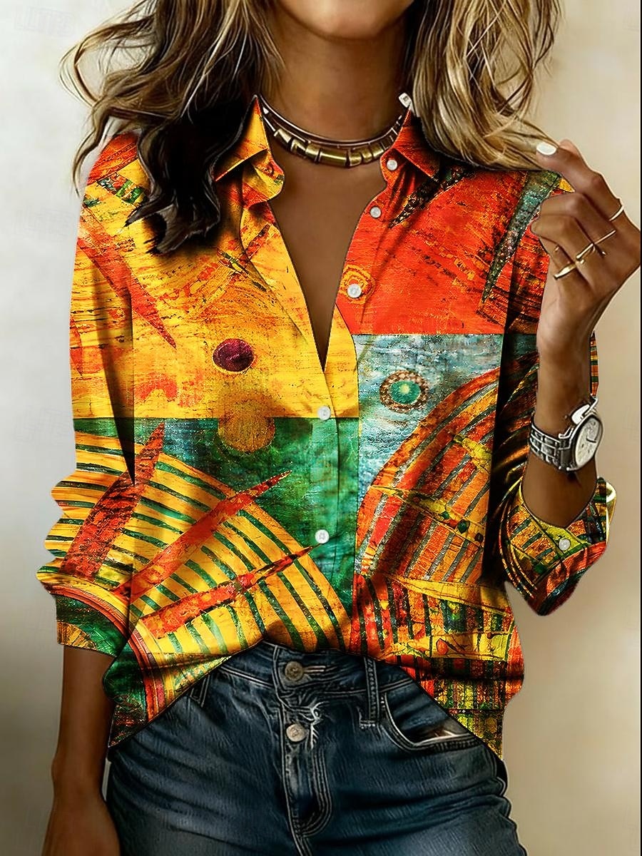 Mujer Camisa Camisa de raso Estampado Graphic Geométrico Bloque de color Bohemia Vintage Elegante Manga Larga Cuello Camisero Tops regulares Diario Festivos Noche Naranja Verano Primavera Otoño 2026 - $31.99 –P1