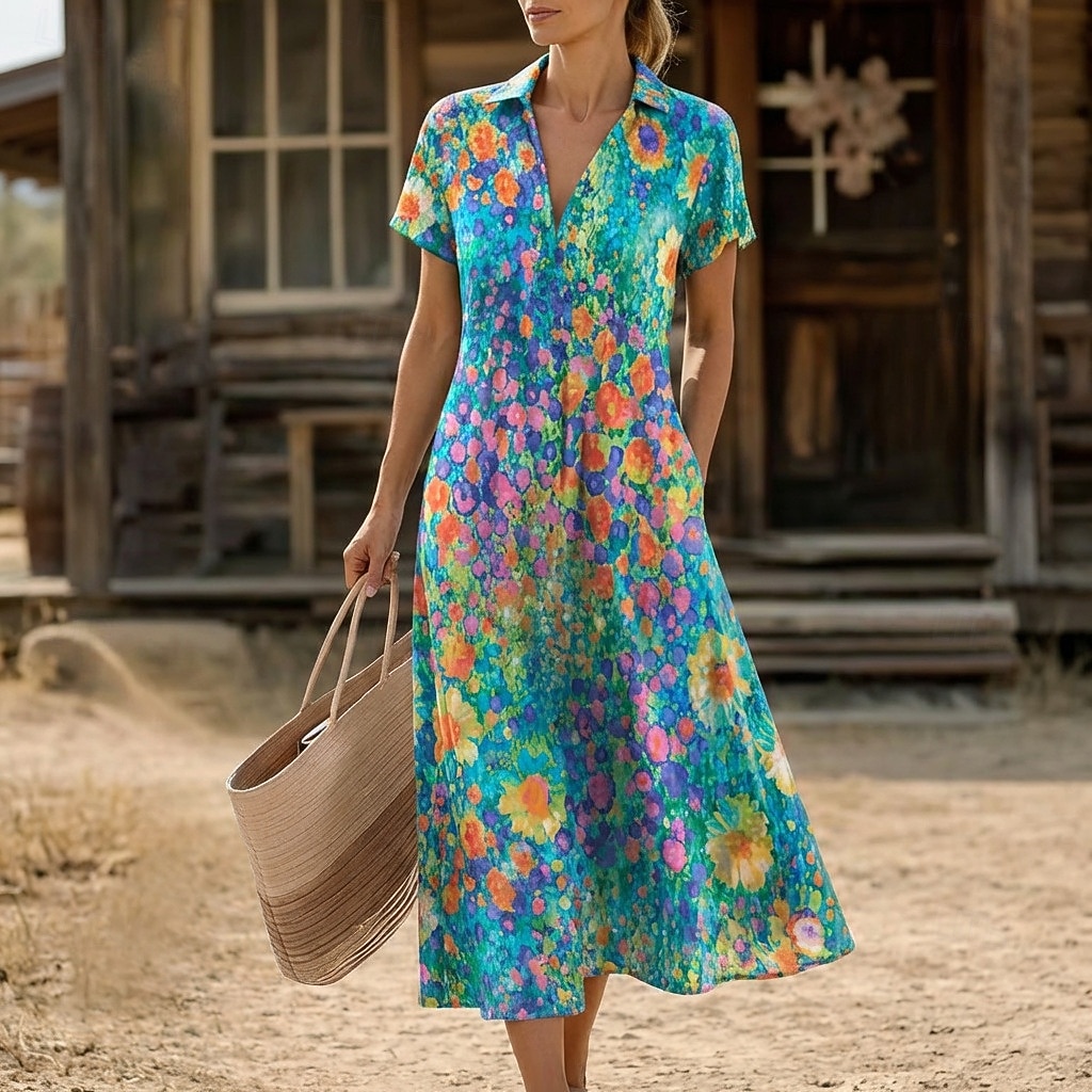 Damen kleid lang Boho Chic Kleider Sommerkleid Strandkleid Tropisch Brautkleider schlicht Boho Urlaub Arbeit Täglich Regular Fit Ditsy Blumig Kurzarm V Ausschnitt Kargen Braun Regenbogen Sommer 2026 - $33.99 –P1