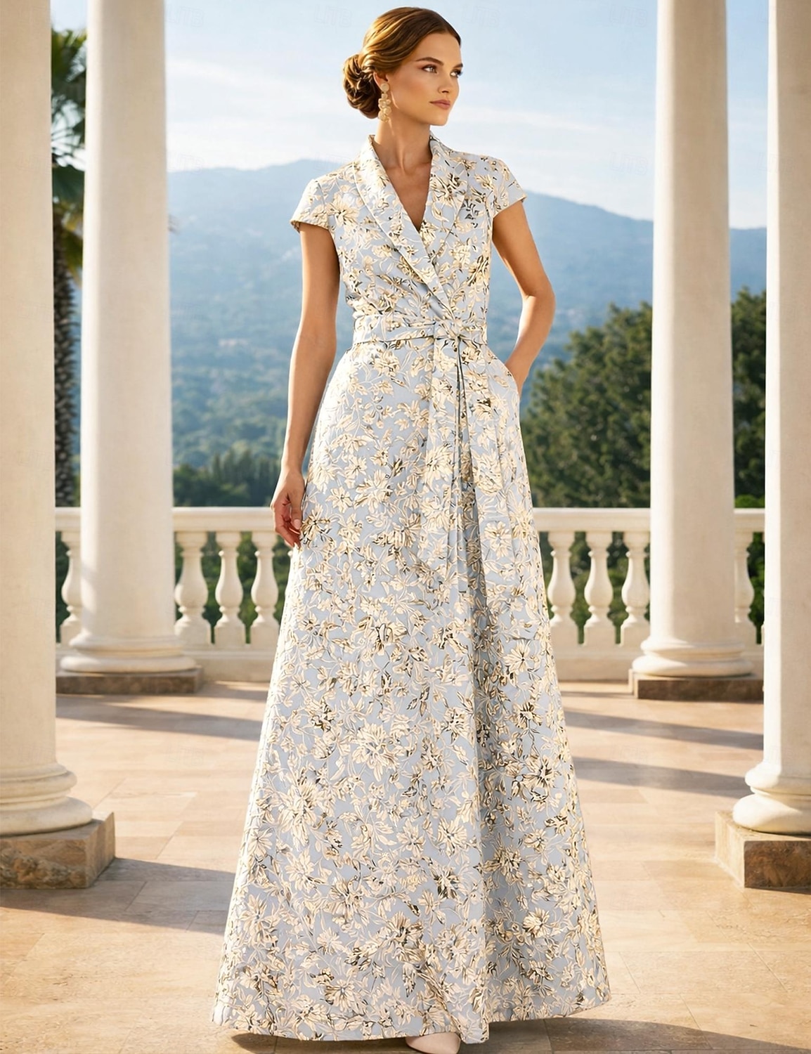 Linea ad A Lunghezza al pavimento Abito da invitata a nozze Abito Formale Abito da sera Abito da cerimonia per signora Manica Corta Bavero Elegante Vintage Matrimonio Formale Jacquard con del 2026 a $183.99 –P4