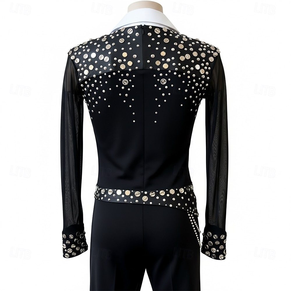 توب للتزلج الفني على الجليد رجالي تزلج على الجليد كنزات أسود بقع قابل للبسط التدريب منافسة ملابس التزلج كلاسيكي الكريستال / حجر الراين كم طويل التزحلق على الجليد الرقص على الجليد 2026 - $293.29 –P2