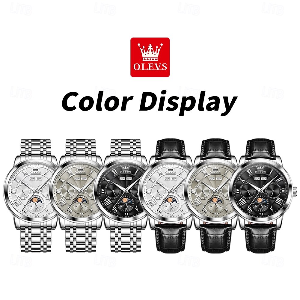 2026年 OLEVS 男性 機械式時計 クリエイティブ 贅沢 ファッション ビジネス スケルトン 自動巻き トゥールビヨン ムーンフェイズ表示 ステンレス レザー 腕時計  コレクション – $105.99 –P16