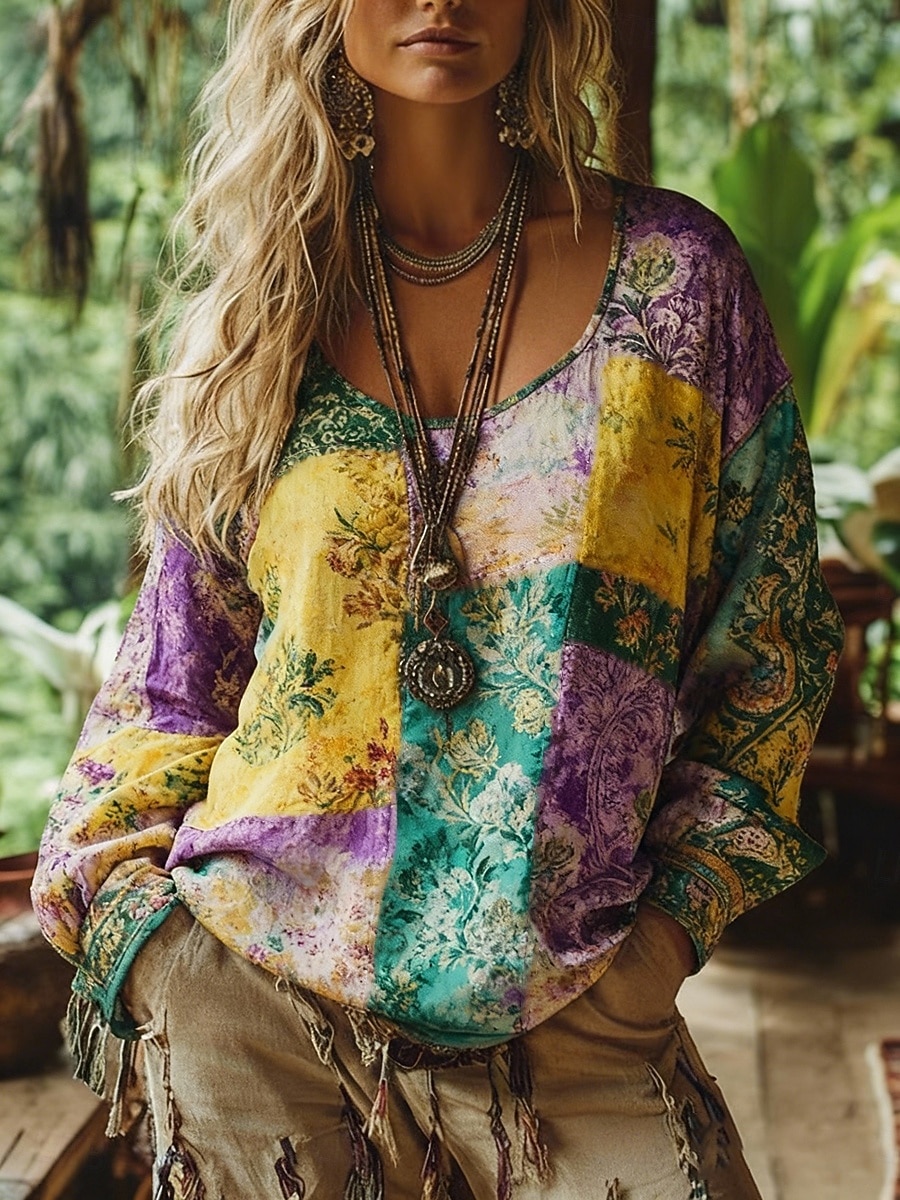Damen Boho-T-Shirt T Shirt T-Shirt Druck Blumen Farbblock Vintage Ethnisch Lässig Langarm V Ausschnitt Lange Oberteile Täglich Wochenende Urlaubskleidung Gelb Purpur Sommer Frühling Herbst 2026 - $25.99 –P4