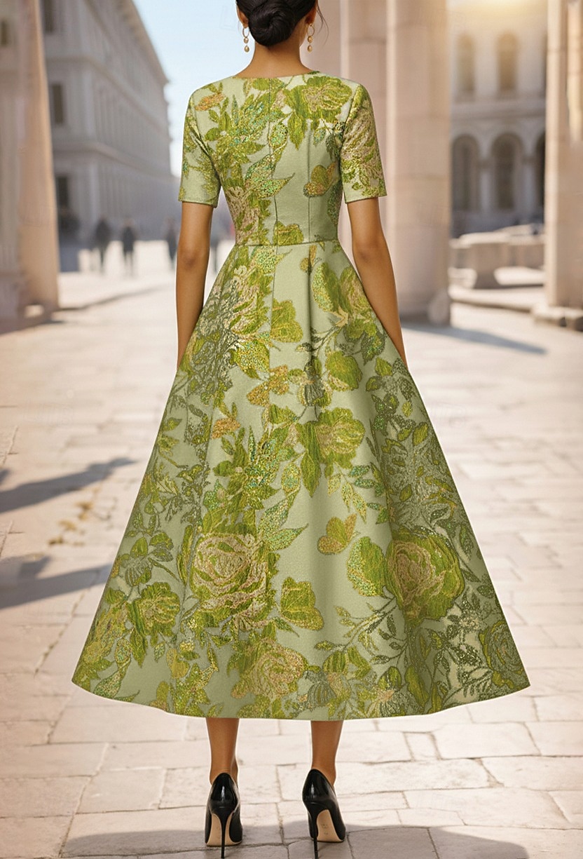 A-Linie Tee-Länge Cocktailkleider Elegant Blumen Kurzarm Rundhalsausschnitt Gartenparty Hochzeit Tasche Jacquard Tiefer Wasserfall-Rückenausschnitt mit Blumenmuster Gestickte Blume Falten 2026 - $195.99 –P2