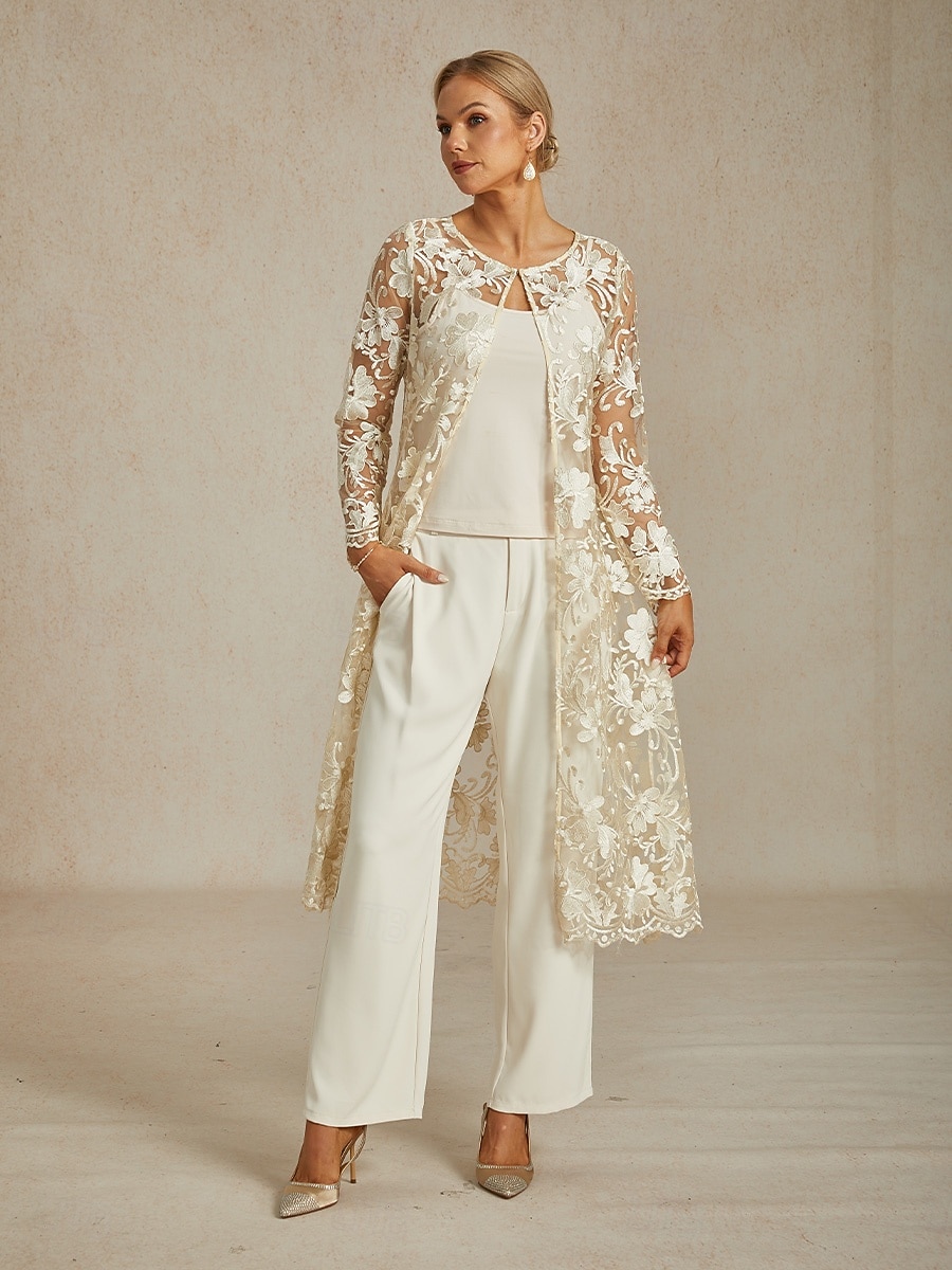 Per donna Giacca Traspirante Pizzo Ricamo Elegante Floreale Quotidiano Anniversario Ospite di nozze Bottone frontale Lungo Girocollo Vestibilità regolare Manica Lunga Capispalla Champagne Estate del 2026 a $81.99 –P6