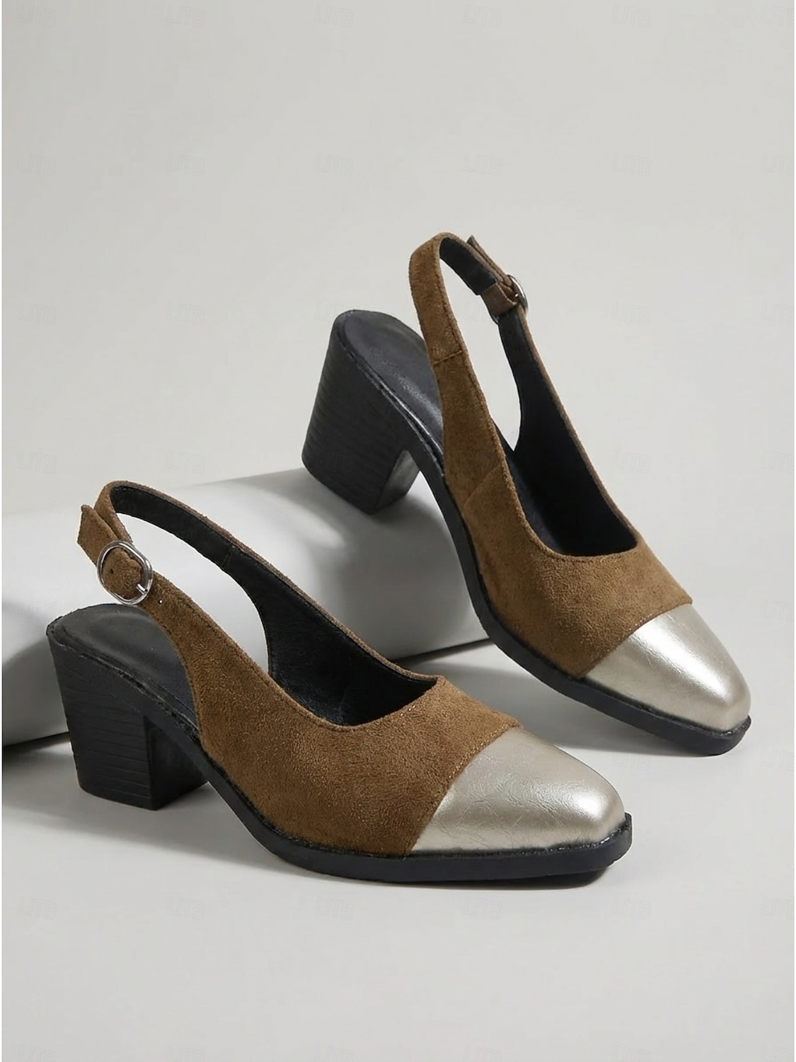 Zapatos de tacón de bloque negros con tira trasera para mujer: zapatos de vestir profesionales de dos tonos con punta puntiaguda y puntera plateada para trabajo de oficina y reuniones. &viaje diario 2026 - $32.99 –P2