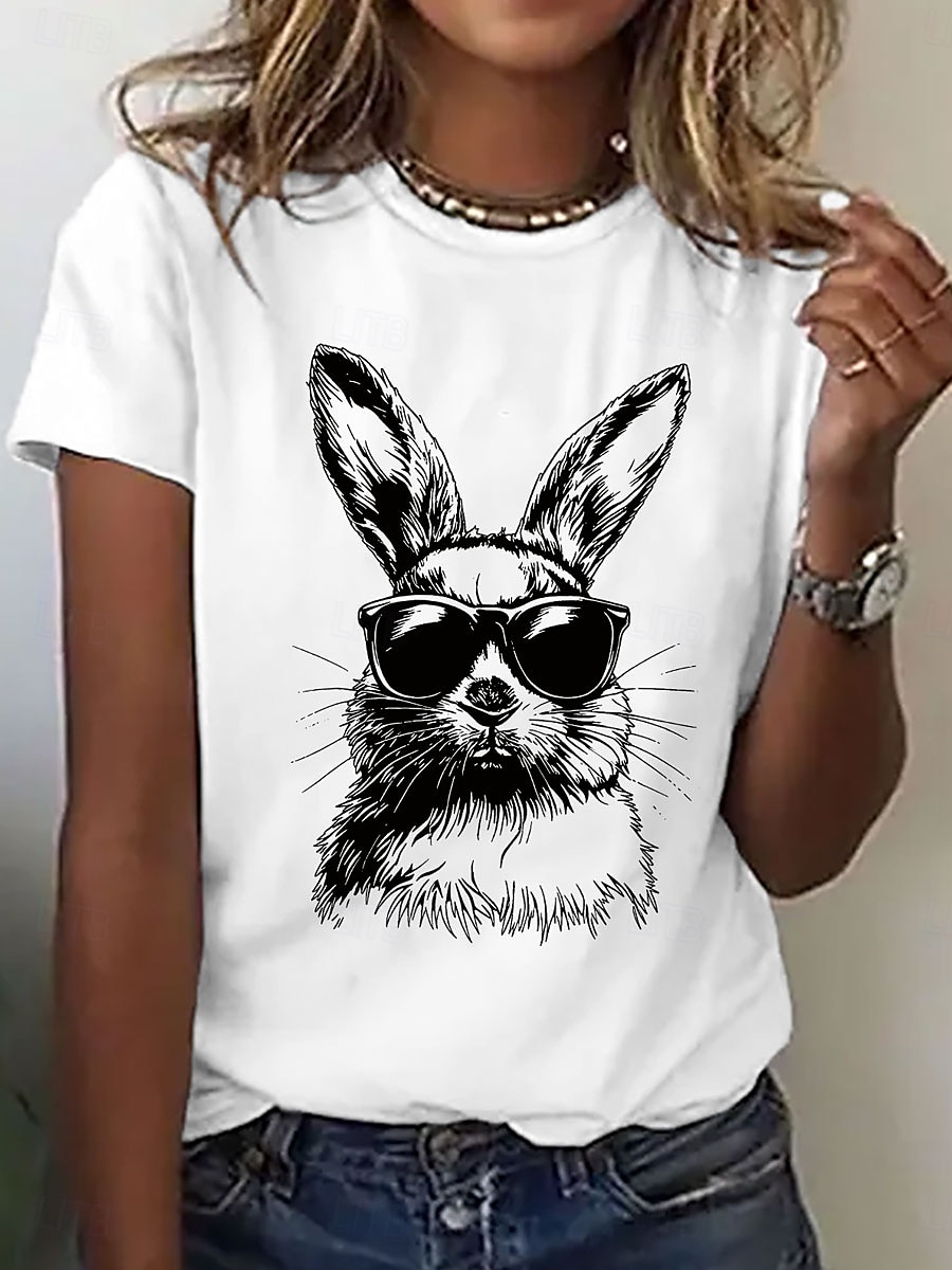 Pâques Femmes T-shirt Imprimé Graphique Animal Élégant Classique Occasionnel Manche Courte Col rond Hauts Réguliers Quotidien Bleu Noir Blanche Violet Été Printemps de 2026 ? $22.99 –P1