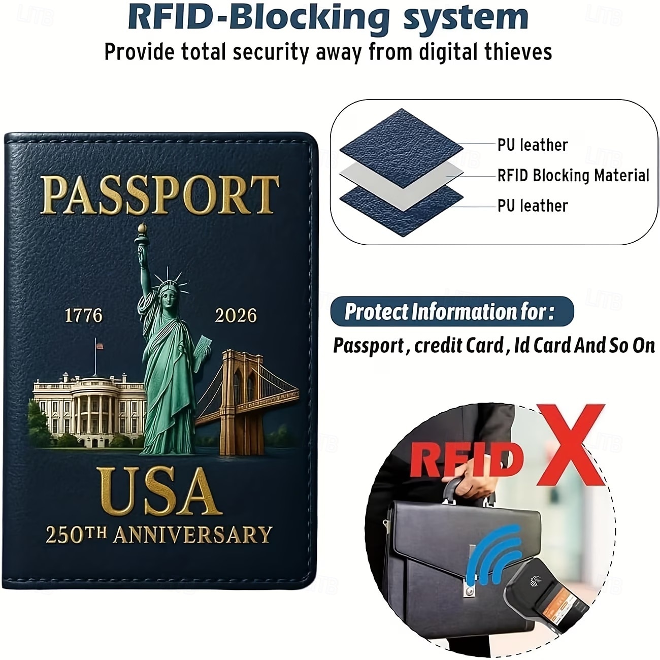 κάτοχος διαβατηρίου για την 250ή επέτειο των Ηνωμένων Πολιτειών, κάτοχος διαβατηρίου για το ιδρυτικό πνεύμα, αναμνηστική έκδοση για τα 250 χρόνια, πορτοφόλι διαβατηρίου ταξιδιού, κλείδωμα RFID, 2026 - $16.99 –P9