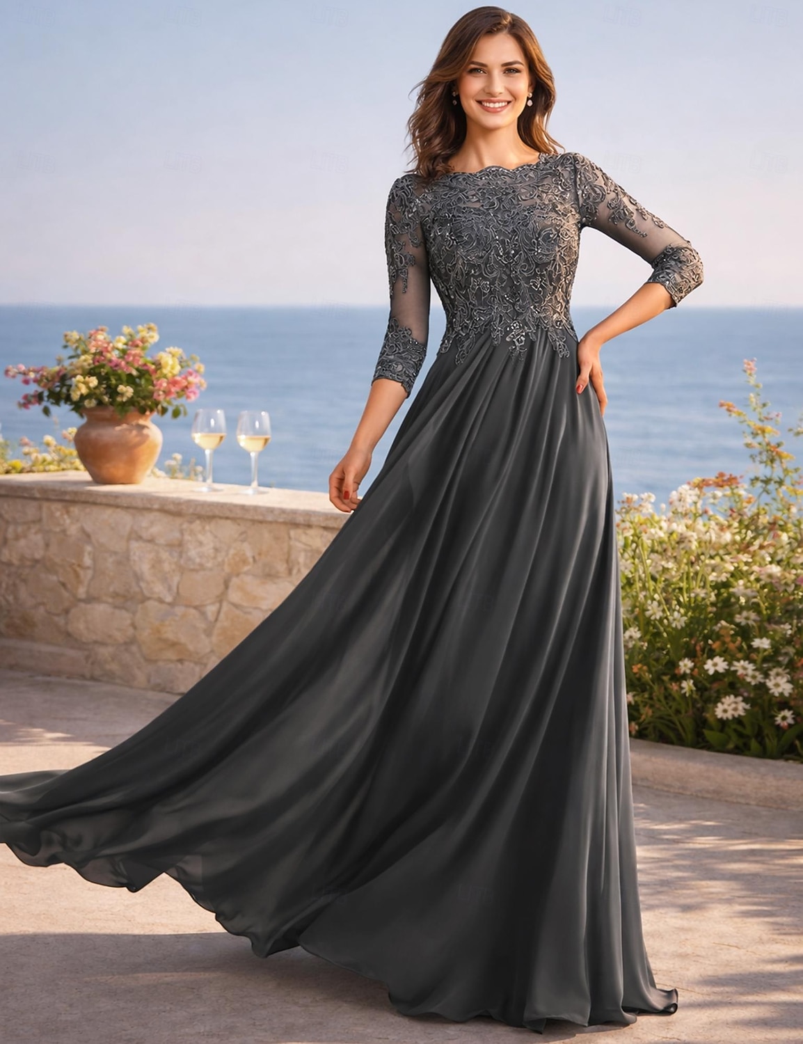 A-Linie Bodenlänge Hochzeitsgastkleid Formelle Kleider Abendkleid Brautmutterkleid 3/4-Ärmel Rundhalsausschnitt Elegant formell Hochzeitsgast mit Falten Solid Color 2026 - $195.99 –P1