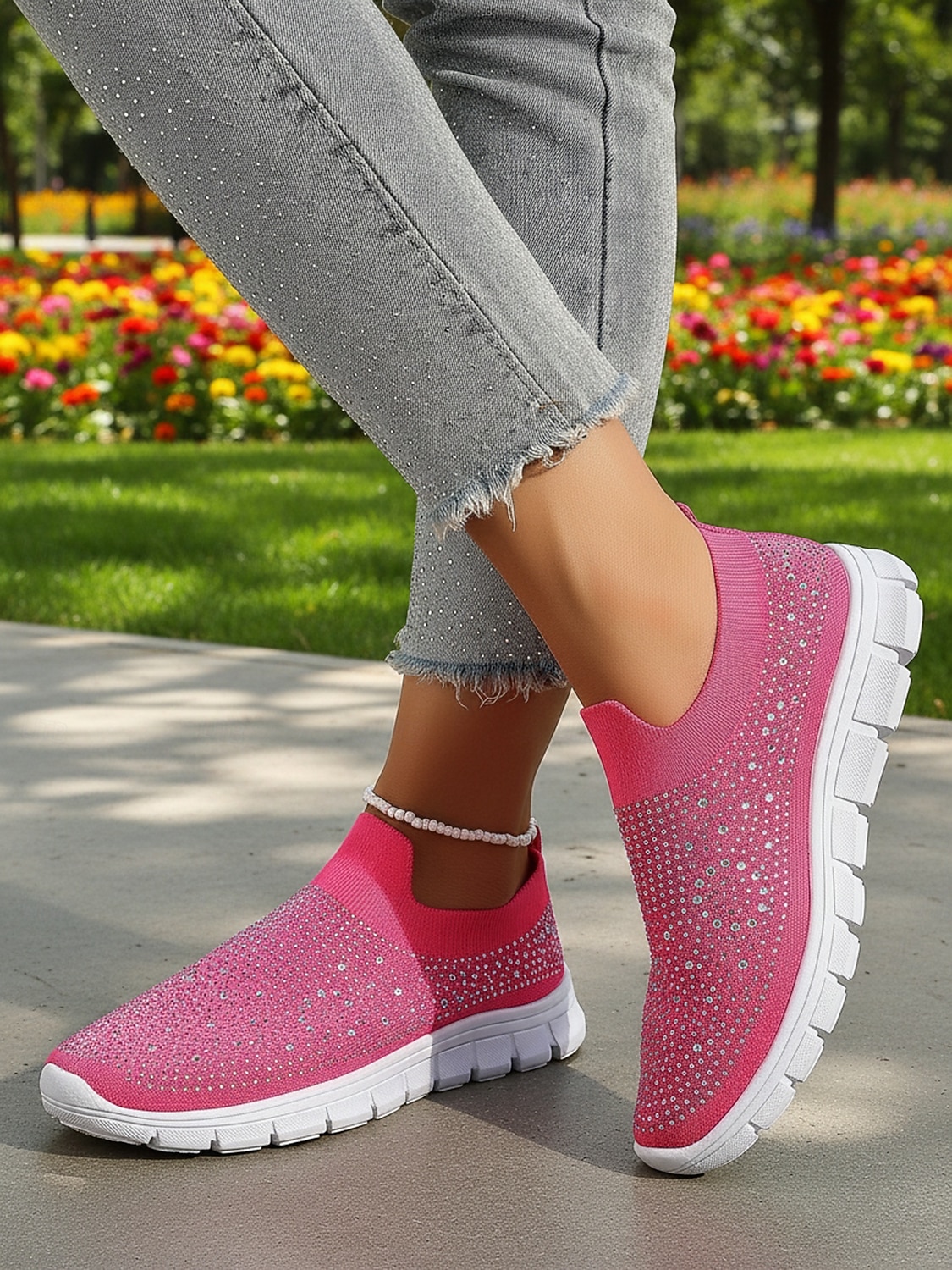 scarpe da ginnastica slip-on da donna con strass rosa - tomaia in Flyknit traspirante, leggere &scarpe sportive casual scintillanti per camminare, fare jogging, viaggiare, indossare ogni giorno del 2026 a $24.99 –P4
