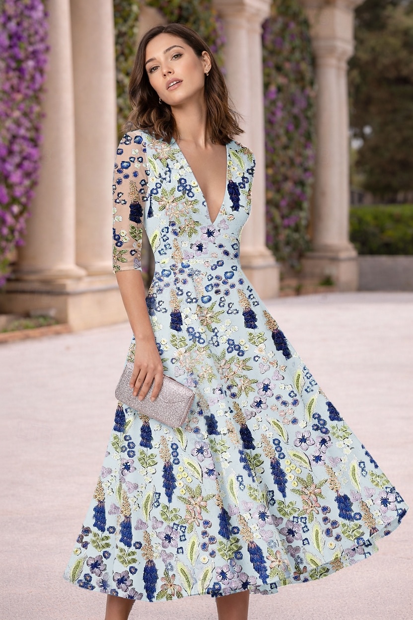 A-Line Tea Length Cocktail Dresses Elegant Vintage Floral Half Sleeve V Neck Garden Party Wedding Lace with Embroidered Flower Embroidery Pocket 2026 - $205.89 –P5