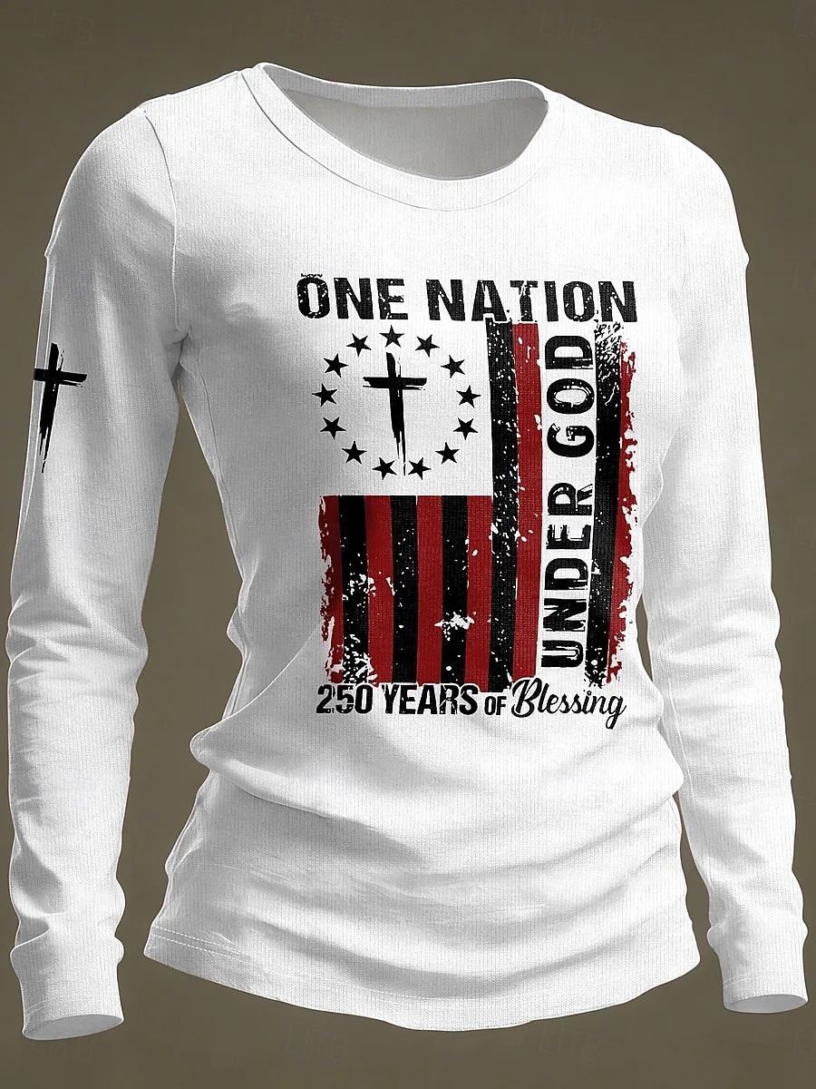 Independence Day PatrioticWomen's T Shirt Print Graphic Flag Fashion Stylish Classic Long Sleeve Crew Neck Round Neck Regular Tops Daily Weekend Blue White Summer Spring Fall 2026 - $24.99 –P2