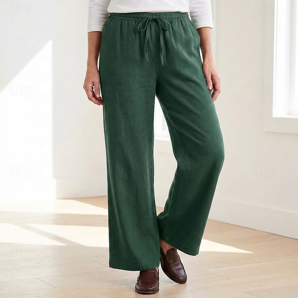 70% Linen Women's Linen Pants Culottes Wide Leg Wide Leg Chinos Vacation Streetwear Basic Full Length Medium Waist Plain Drawstring Pocket Comfort Inelastic Daily Outdoor claret Deep Green 2026 - $49.99 –P7