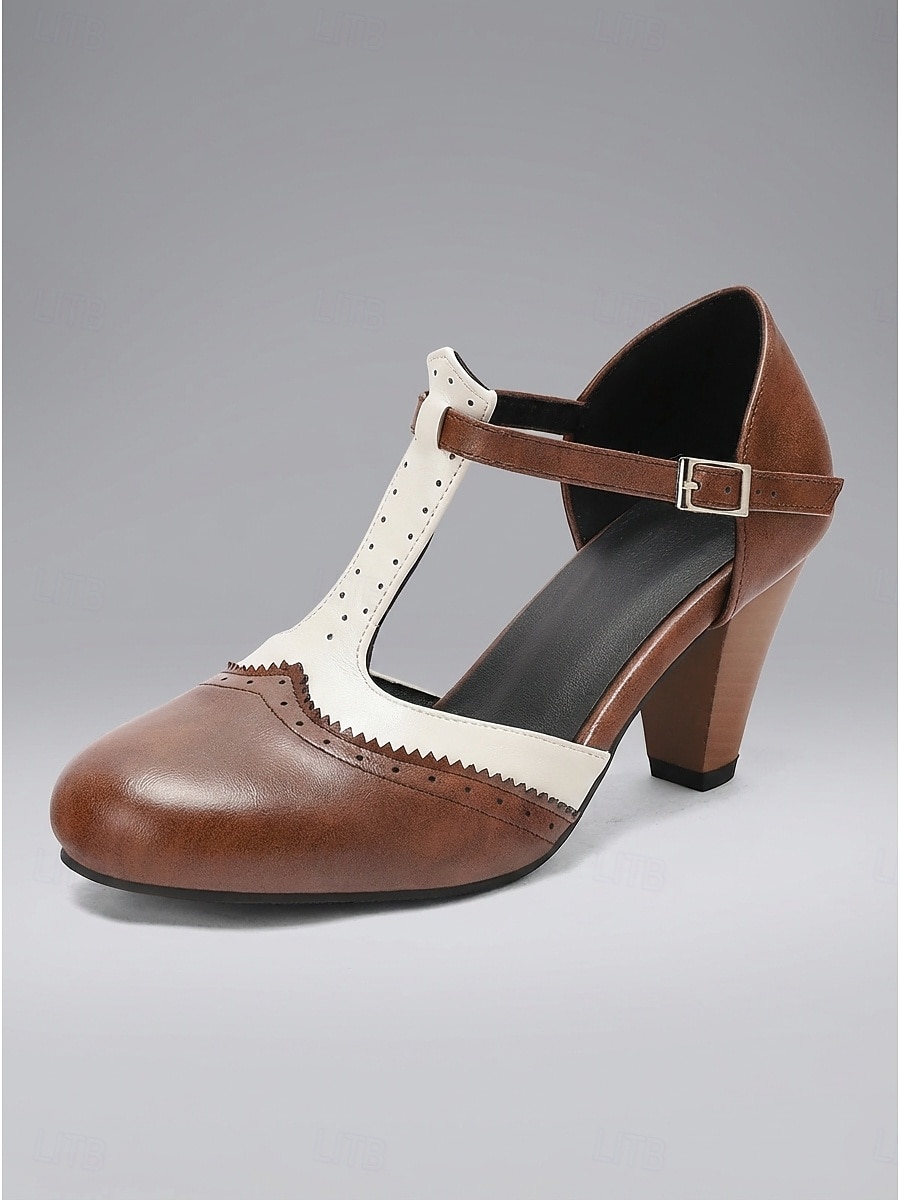 Damesko i burgunder og hvitt med t-stropper – elegante retro pumps med mellomhøy hæl og tofarget tilskuerdesign til brudens mor, innendørs kirkeseremonier og formelle mottakelser 2026 - $59.99 –P5