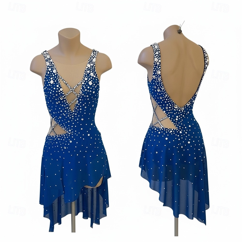 Figure Skating Dress Women's Ice Skating Dress Blue Patchwork Open Back Stretchy Training Competition Skating Wear Classic Crystal / Rhinestone Sleeveless Ice Skating Figure Skating 2026 - $284.49 –P1