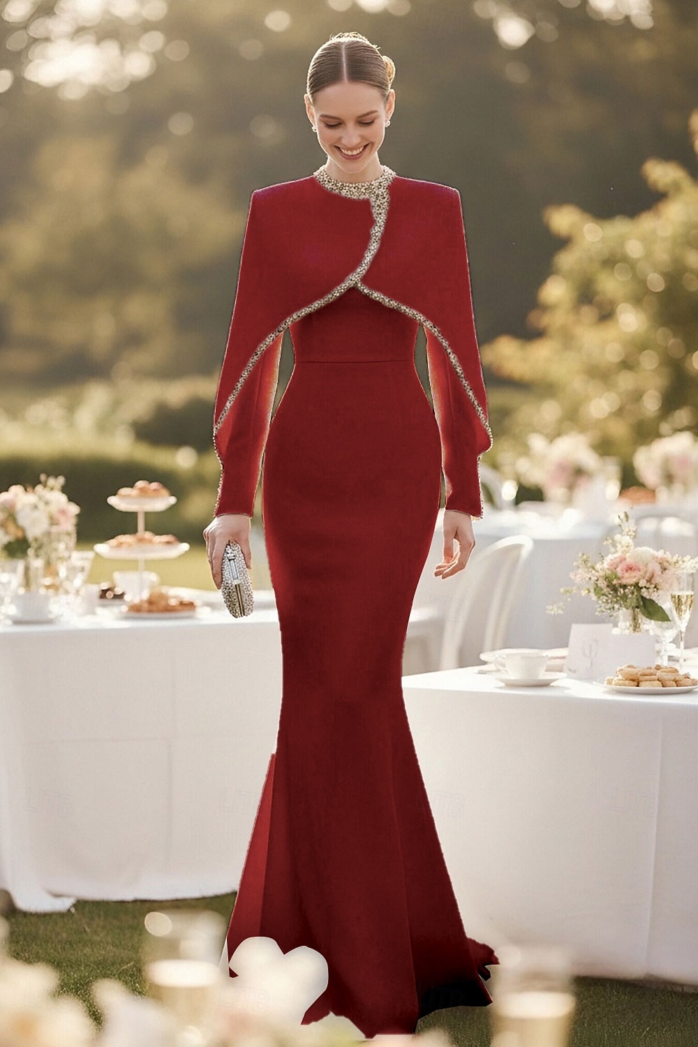 Vestido formal largo hasta el suelo estilo A Línea Vestido de gala Vestido de gala Elegante vintage Manga larga Cuello alto Boda formal con cristales y perlas 2026 - $195.99 –P10