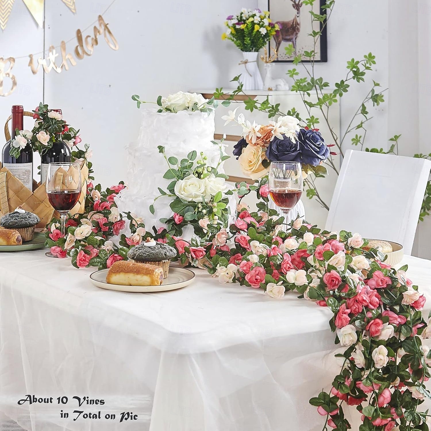 8 stuks x 2,5 meter bloemenslinger van kunstmatige rozen met groene bladeren, hangende neprozenslinger voor kamer, feest, huis, bruiloft, verjaardag, kerst, muur, boogdecoratie, lente roze bloemen 2026 - $29.99 –P5