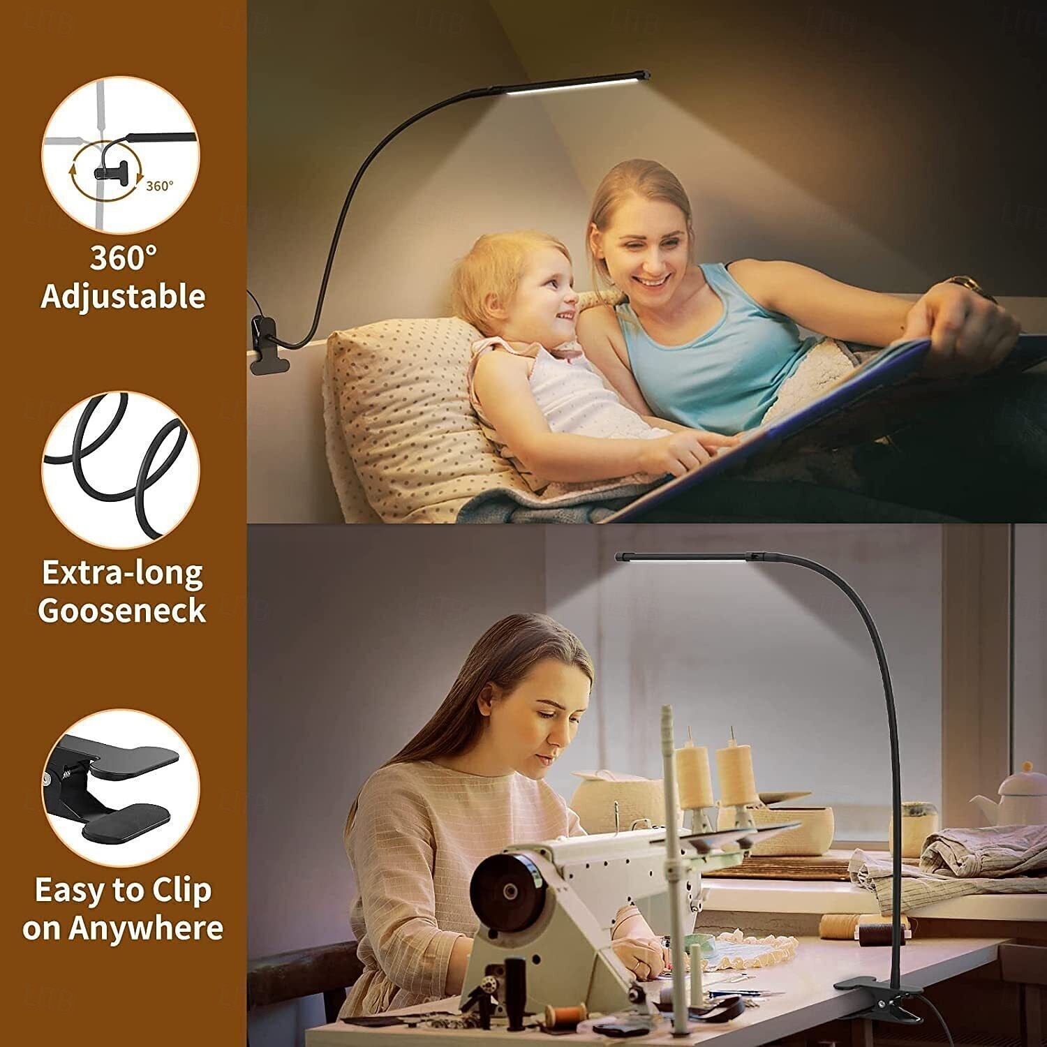 LED Clip Desk Lamp with No Flicker Eye Care, 3 Brightness Levels, Adjustable for Reading, Study, Bedroom, Dorm, USB Powered, Bedside Light, Flicker-Free 2026 - $12.49 –P9