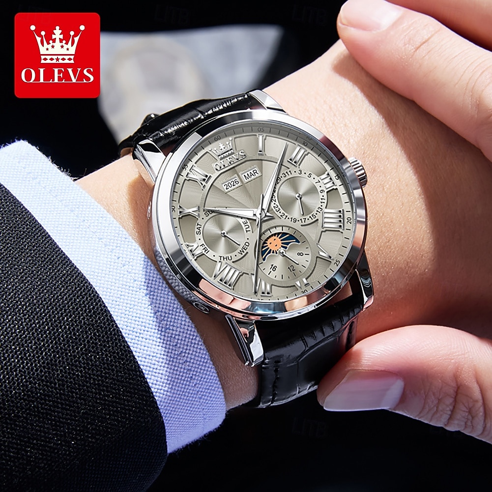 2026年 OLEVS 男性 機械式時計 クリエイティブ 贅沢 ファッション ビジネス スケルトン 自動巻き トゥールビヨン ムーンフェイズ表示 ステンレス レザー 腕時計  コレクション – $105.99 –P14