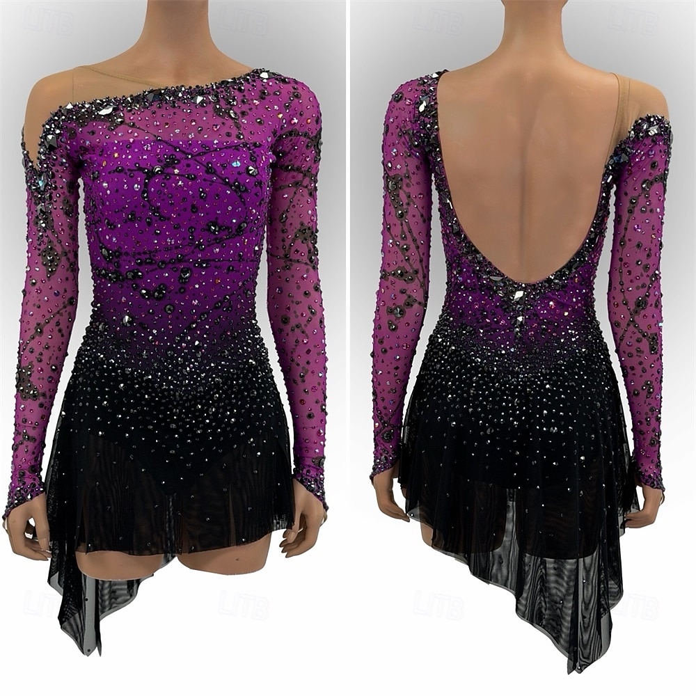 Abito da pattinaggio artistico Per donna Pattinaggio sul ghiaccio Vestito Lilla Patchwork Schiena aperta Elasticizzato Allenamento Competizione Vestiti da pattinaggio sul ghiaccio Classico Cristallo del 2026 a $378.79 –P1