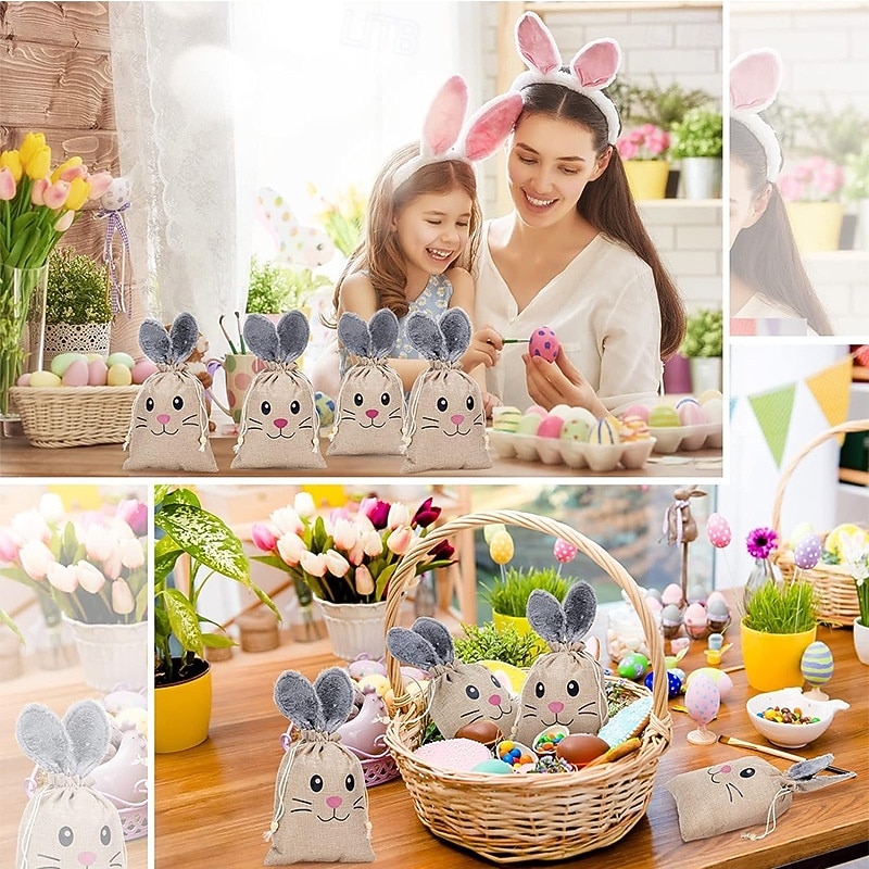 5/10 Pcs Easter Linen Drawstring Gift Bag, Burlap Bags with Fluffy Bunny Ears, Perfect for Holding Easter Eggs, Cookies, Chocolates, Bunny Party Favor Bags, Easter Candy Egg Hunt for Kids 2026 - $23.99 –P6