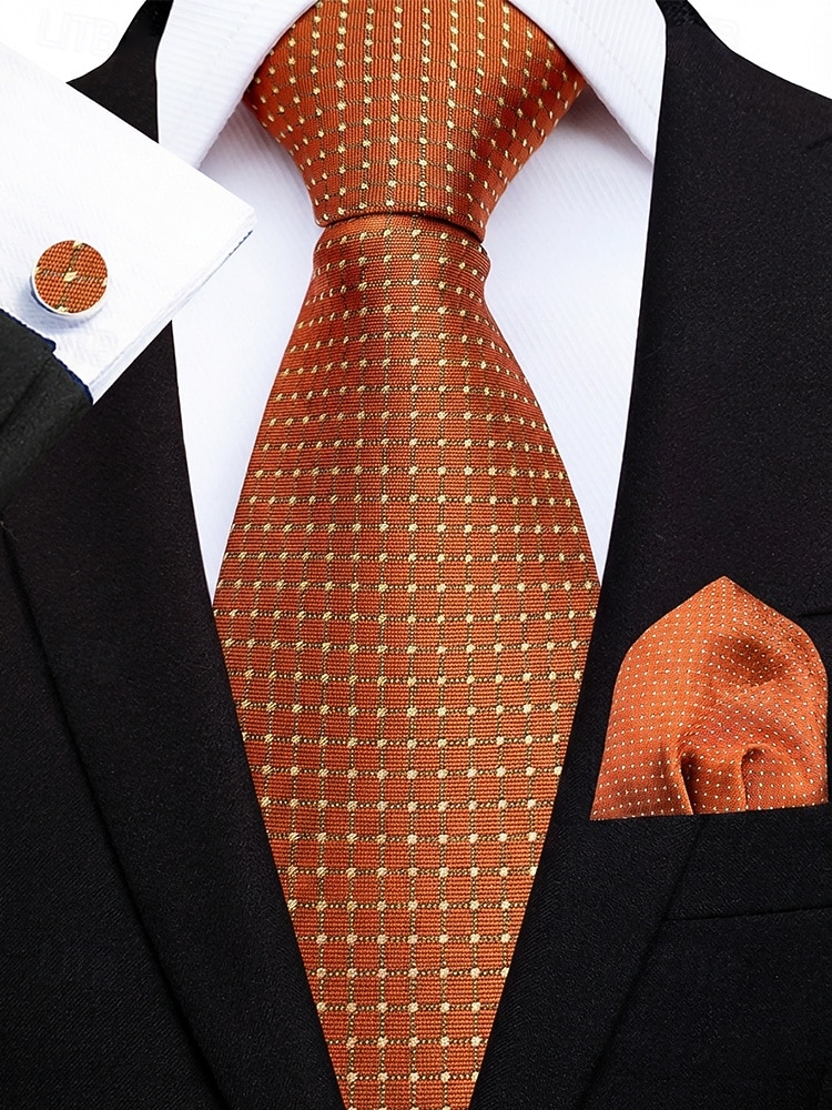 2026年 男性用フォーマルネクタイセット、ポケットチーフとカフスボタン付き - 結婚式、ビジネスパーティー、ガライベントに最適な高級ポリエステルチェック柄ネクタイ - スタイリッシュな花婿の付添人用スーツアクセサリー（複数色）  コレクション – $11.99 –P11