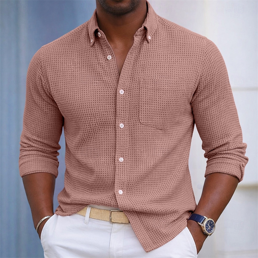 Per uomo Camicia Camicia a nido d'ape Tessuto Camicia casual Camicia con Bottoni Blu Rosa Borgogna Blu marino Manica Lunga Semplice Testurizzato Colletto a Camicia Casuale Quotidiano Tasca Frontale del 2026 a $29.99 –P1