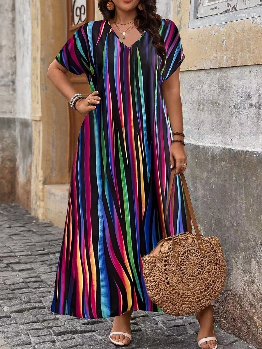 Dames Maxi-jurk Casual jurk T shirt jurk A lijn jurk Modieus Modern Dagelijks Vakantie Uitgaan Ruim Passend Gestreept Korte mouw V-hals blauw Blozend Roze Rood Paars Zomer Lente 2026 - $29.99 –P5