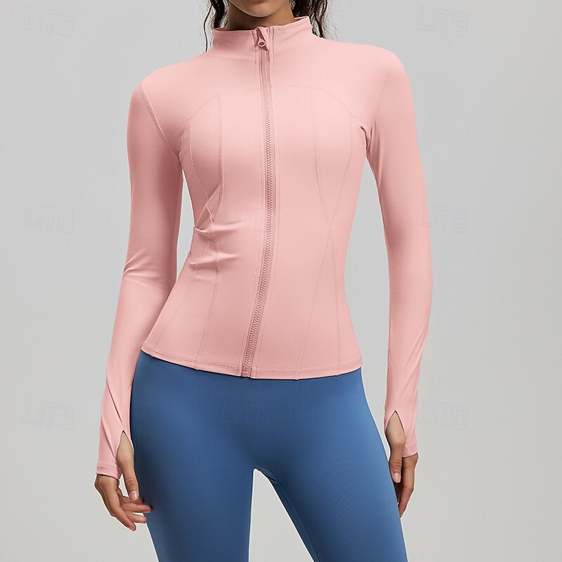Dam Solid färg Joggingjacka Utomhusjacka Sportjacka Sommar Vår Höst Blixtlås i fullängd Smal Långärmad Snabb tork Lättvikt Elastisk Andningsfunktion Gym Löpning Träning Blå Rodnande Rosa Purpur 2026 - $23.99 –P7