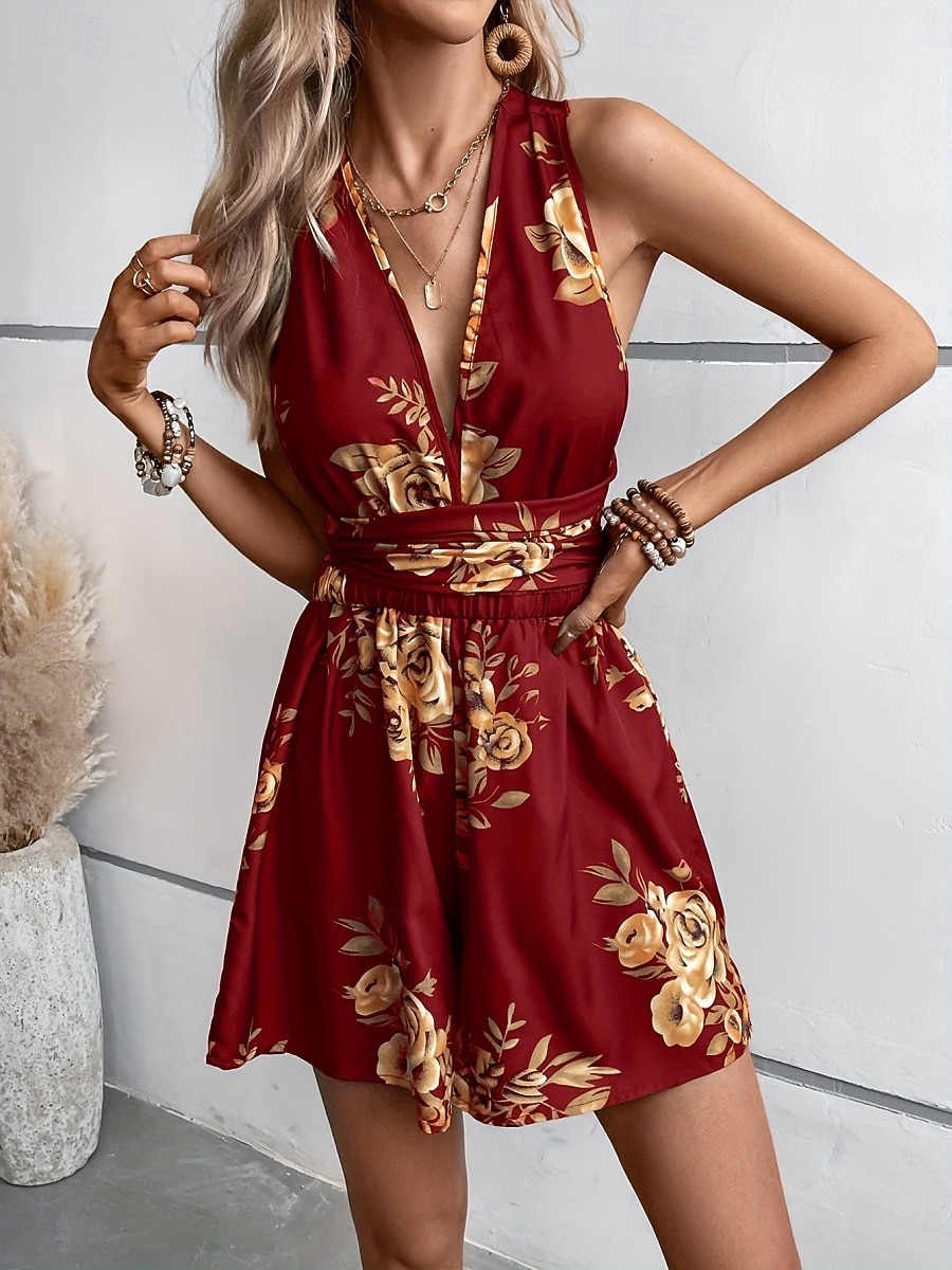 Women's Mini Dress A Line Dress Halter Dress Vacation Casual Outdoor Going out Regular Fit Floral Sleeveless V Neck Black Wine Navy Blue Dark Green Summer Spring 2026 - $33.99 –P2