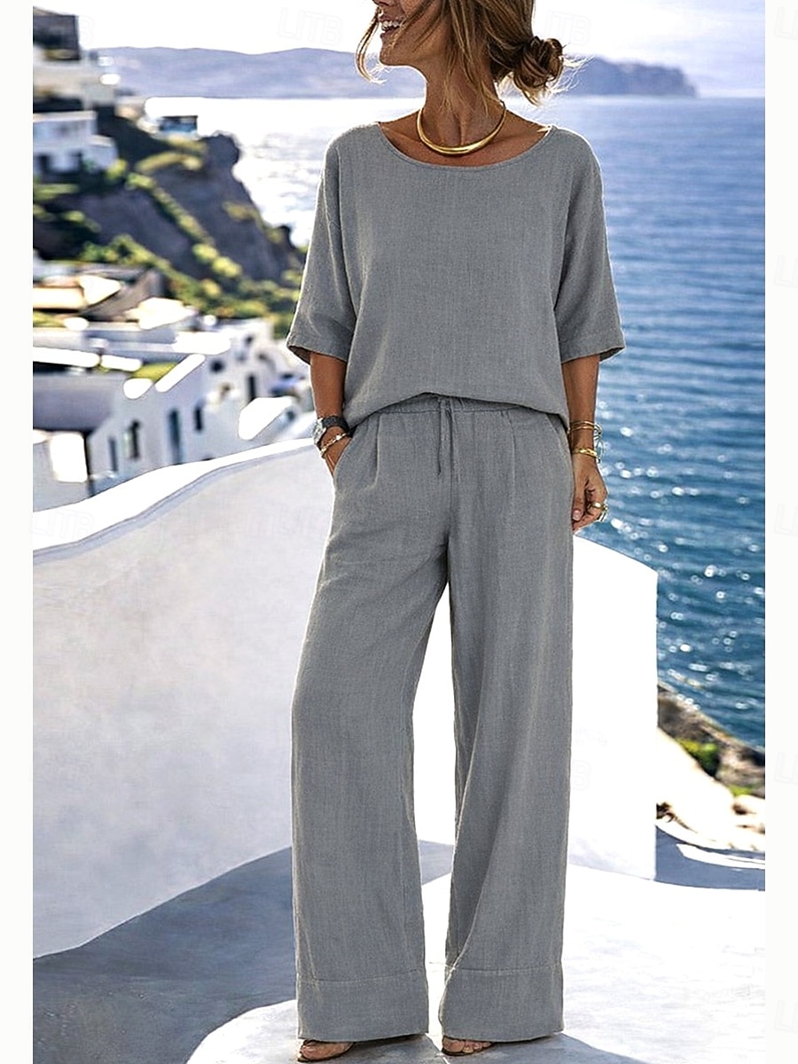 Mulheres Conjuntos de linho de algodão Conjuntos de calças Bolero Top Meia Manga Gola Redonda Côr Sólida Moda Roupa de rua Casual Diário Ao ar livre Azul Preto Branco Verão Normal de 2026 por $35.99 –P9