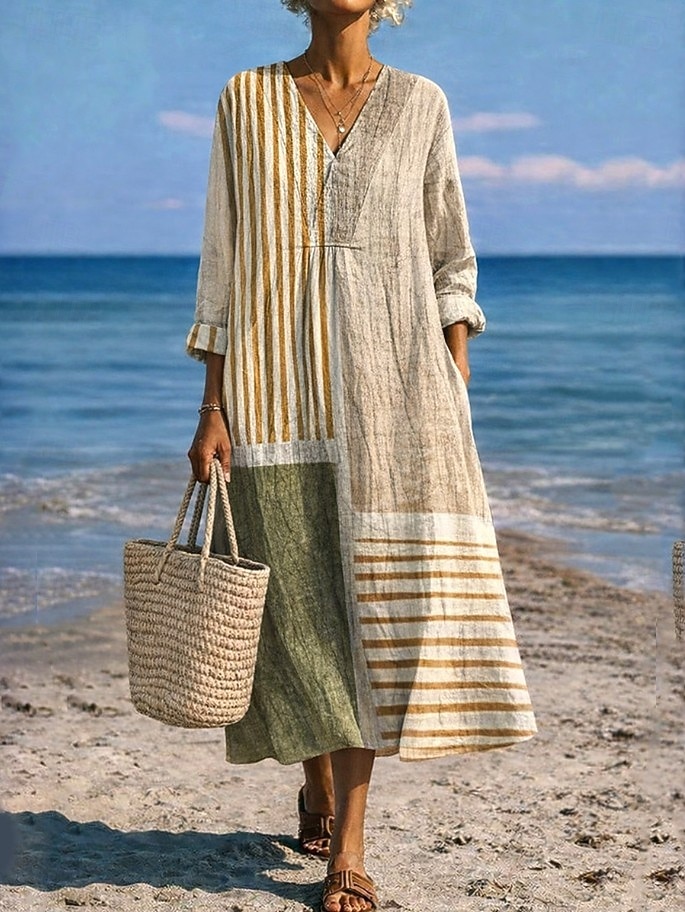 Women's Midi Dress V Neck Long Sleeve Kaftan Lightweight Loose Fit A Line Dress Casual Boho Going out Graphic Geometric Stripe Long Sleeve V Neck Orange red Black Yellow Pink 2026 - $37.99 –P9