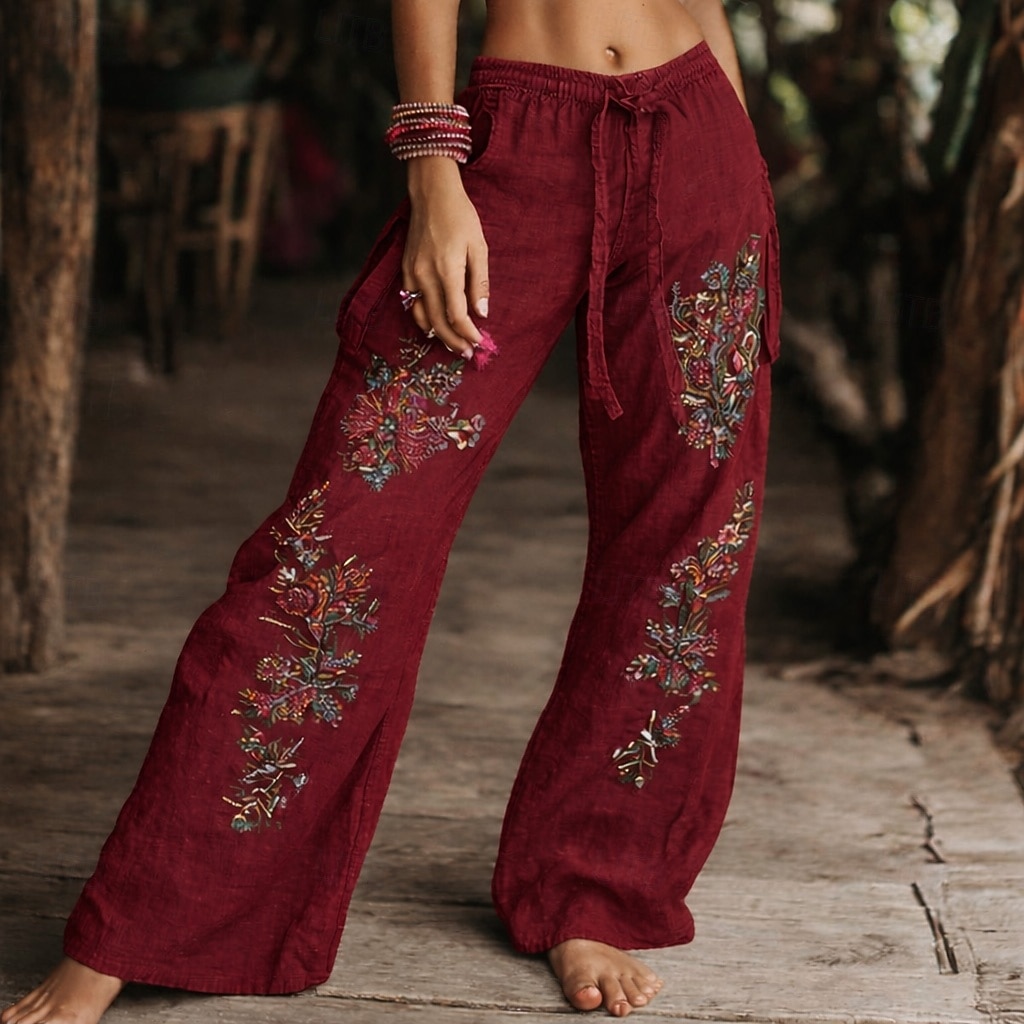 2026年 レディース ワイドレッグ スラックス ボヘミアン フルレングス ナチュラルフラワー ポケットプリント 伸縮性 ドローストリングデザイン 快適 アウトドア バケーション 週末 グリーン サマー レギュラーフィット  コレクション – $29.99 –P6