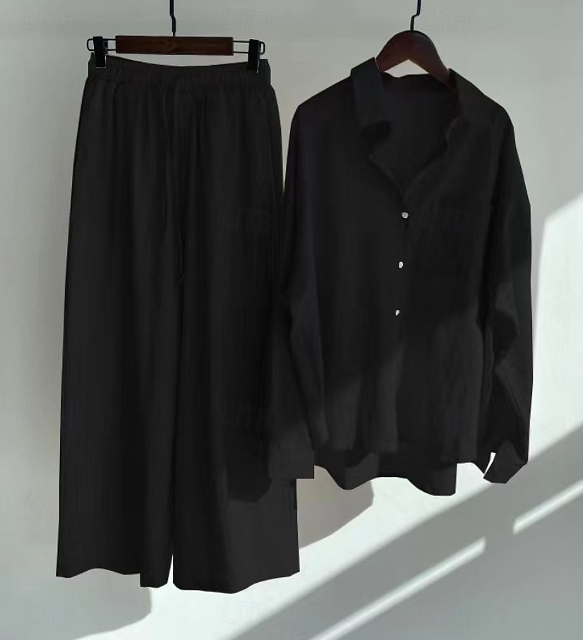 Damen Baumwoll-Leinen Hosen Sets Bolero Oberteil Langarm Hemd Kragen Einfarbig Mode Streetwear Lässig Alltag Draußen Blau Schwarz Weiß Sommer Lockerer Schnitt 2026 - $41.99 –P12