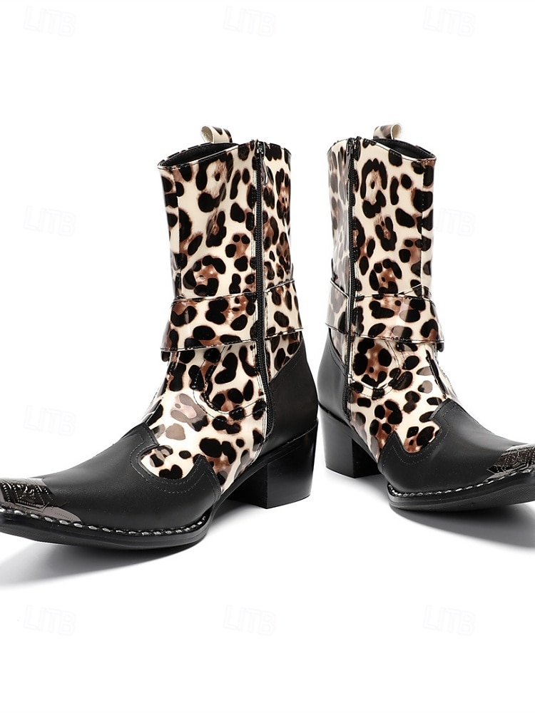 Botas masculinas de couro legítimo para festivais, com estampa de leopardo, ideais para música. de 2026 por $189.99 –P9