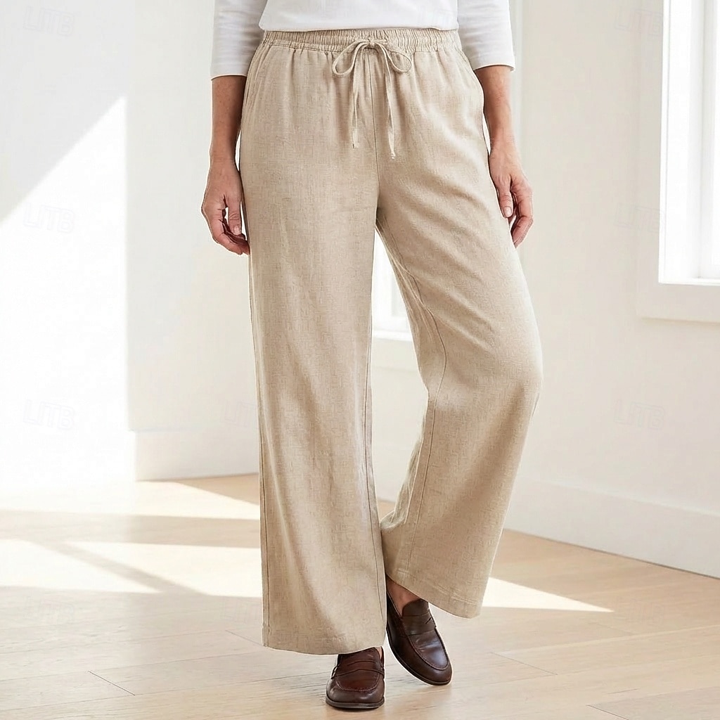 70% Linen Women's Linen Pants Culottes Wide Leg Wide Leg Chinos Vacation Streetwear Basic Full Length Medium Waist Plain Drawstring Pocket Comfort Inelastic Daily Outdoor claret Deep Green 2026 - $49.99 –P16